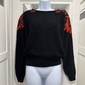 Vintage 80's Sweater Black Red Sequins Floral Dolman